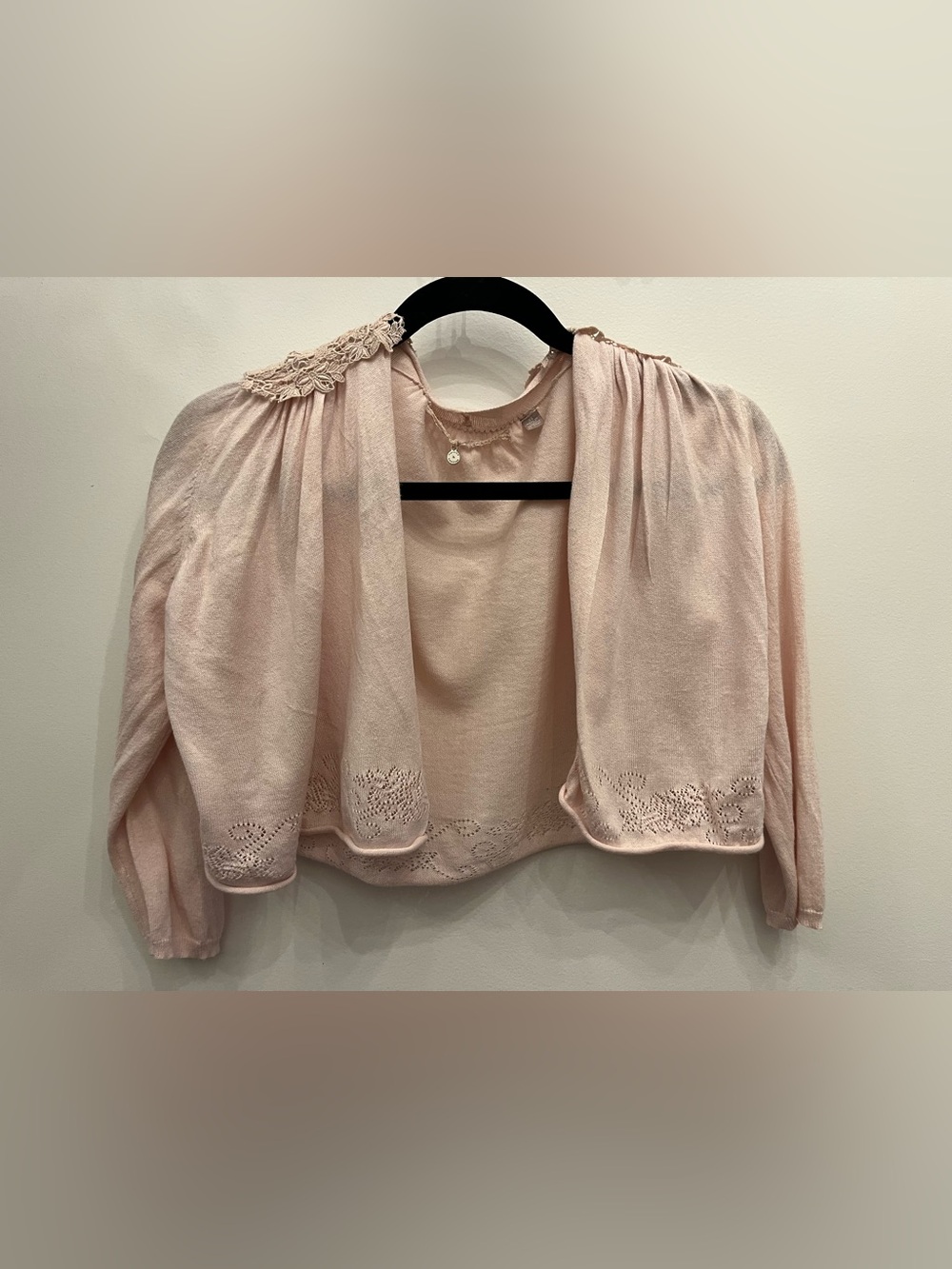 Knitted & Knotted Blush Pink Lace Trim Cropped Bolero Shrug Cardigan